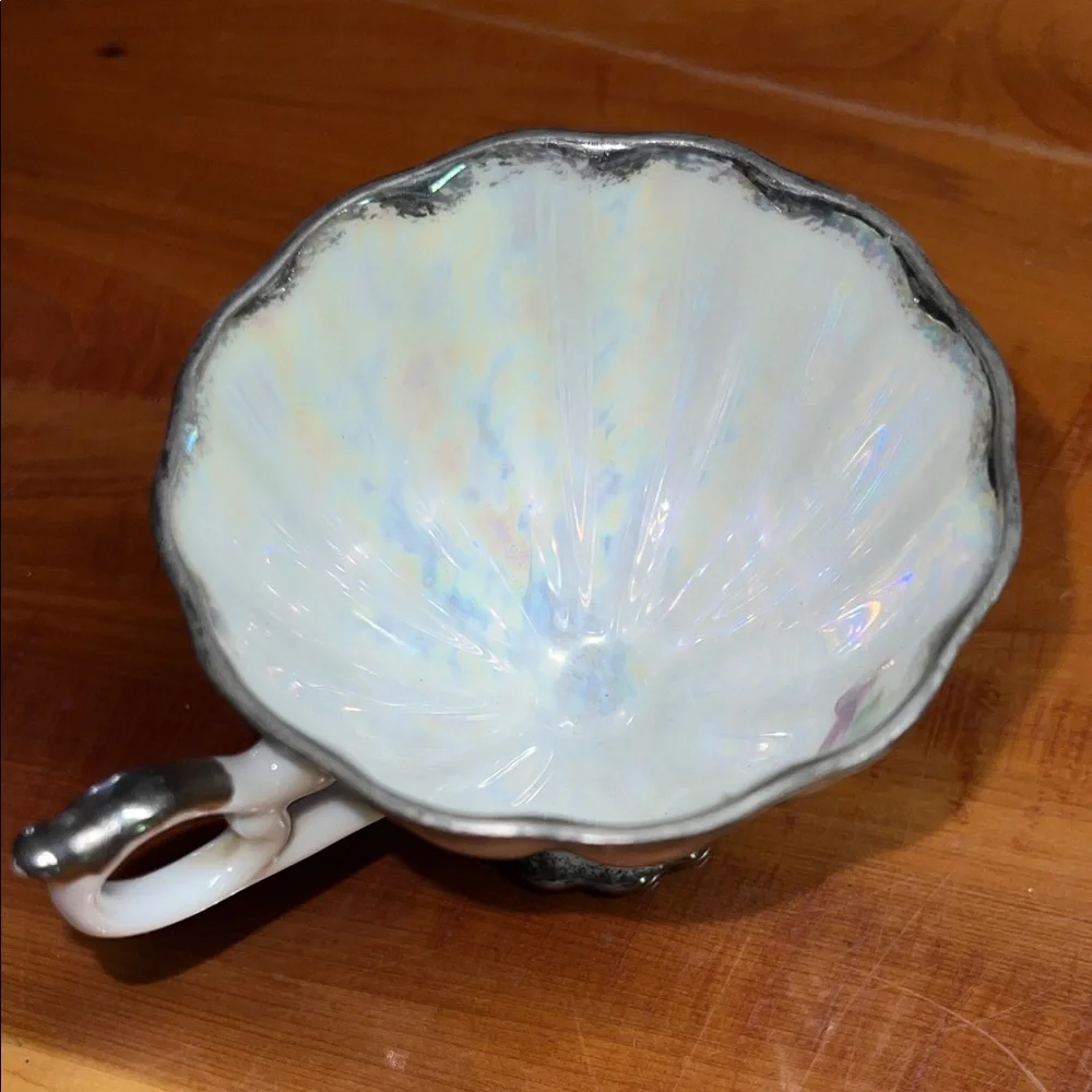 Vintage Fred Roberts Japan Iridescent Teacup with Silver Handle Delicate